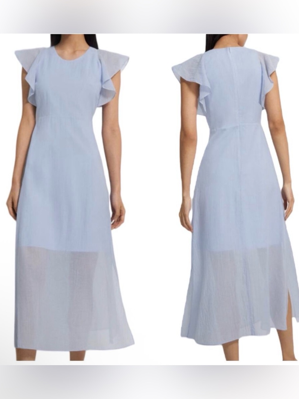 Theory NWT Ruffle Sleeve
Dress in Organic Cotton Size 6
Baby Blue Midi V-Neck